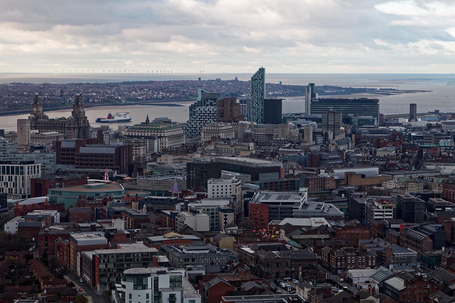 Liverpool waterfront and New Brighton from Liverpool Cathedral